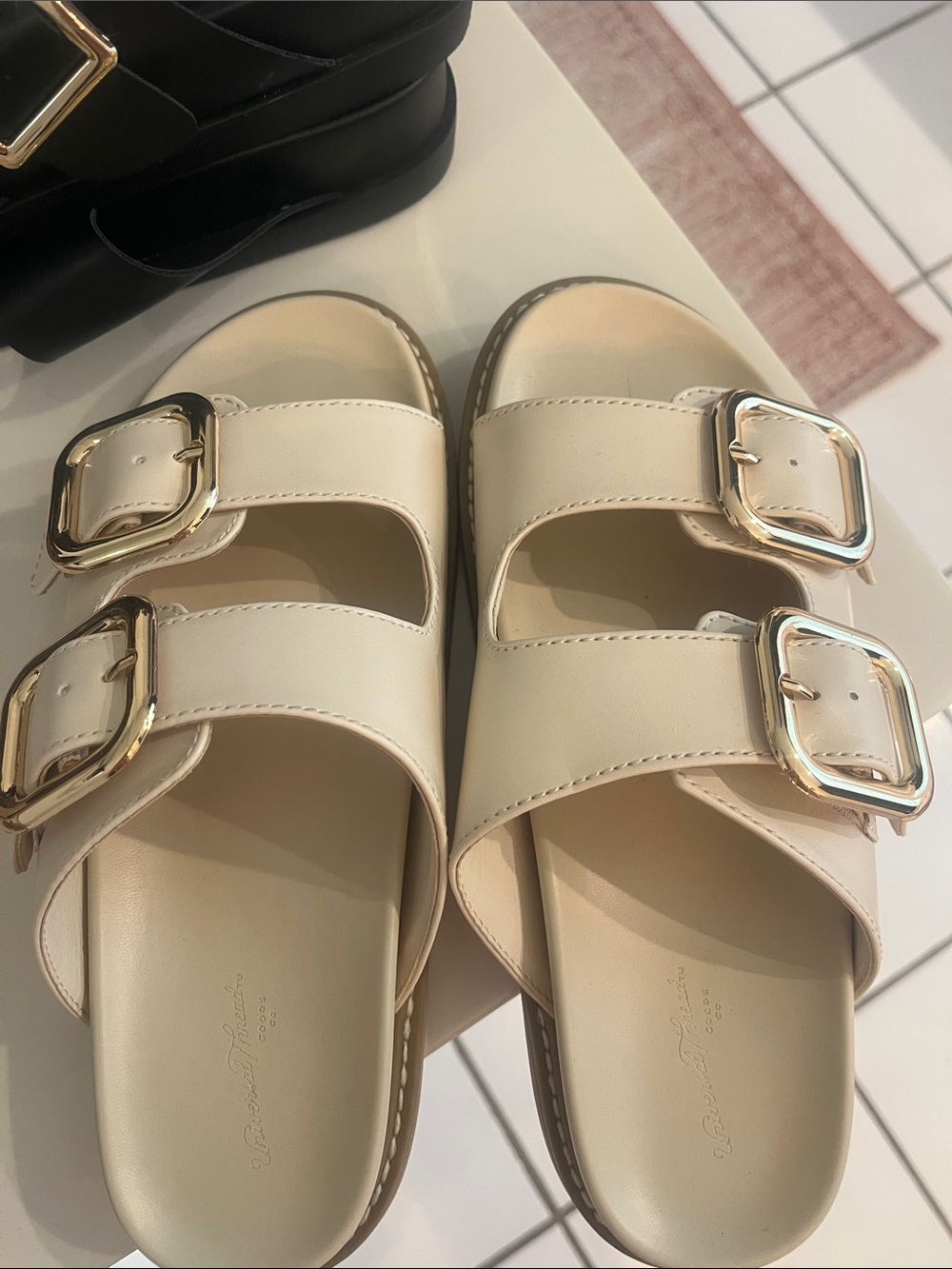 Universal Thread Cream Double-Buckle Slide Sandals with Gold Buckles